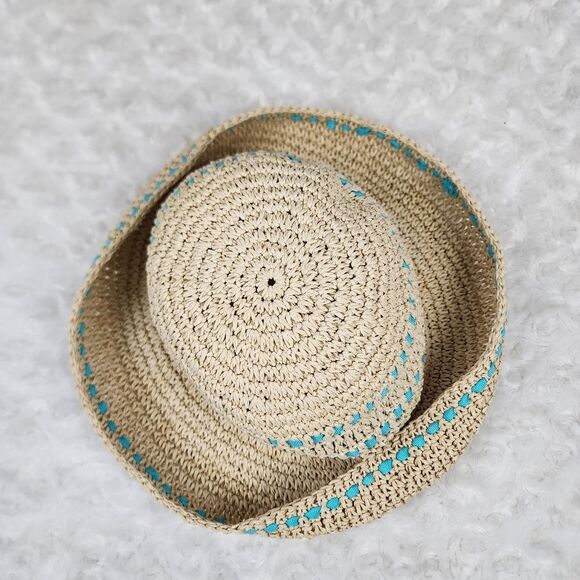 Liz Clairborne Knitted Straw Sun Hat Natural Teal - Picture 7 of 9